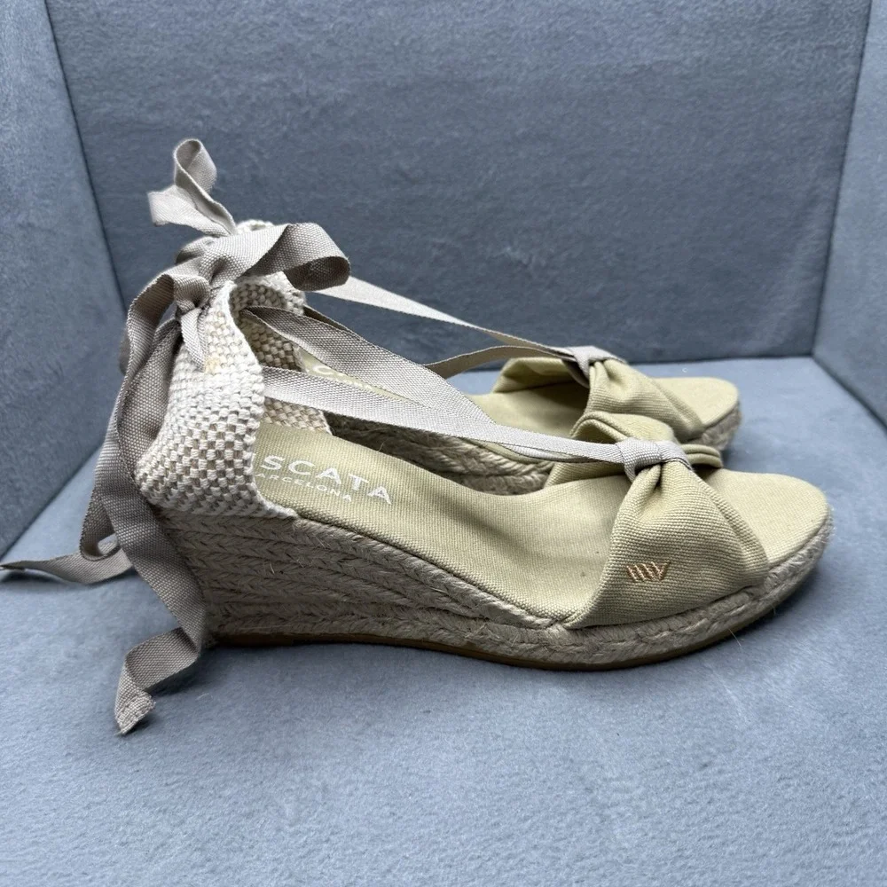 Viscata Barcelona Rosas Canvas Espadrille Wedges EU 41 US 10 Beige Ankle Tie